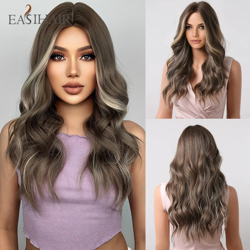 

EASIHAIR Brown Highlight Blonde Long Wavy Synthetic Wig Middle Part Natural Wave Hair Wig for Women Daily Cosplay Heat Resistant