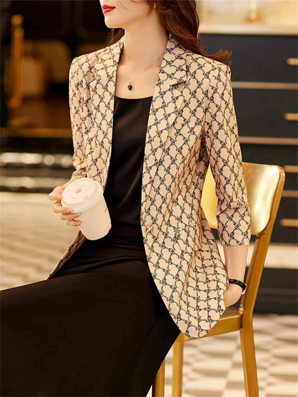 Fashion Women Jacket 2023 New in Female Khaki White Plaid Single Button Long Sleeve Clothing Office Lady Business Formal Blazer