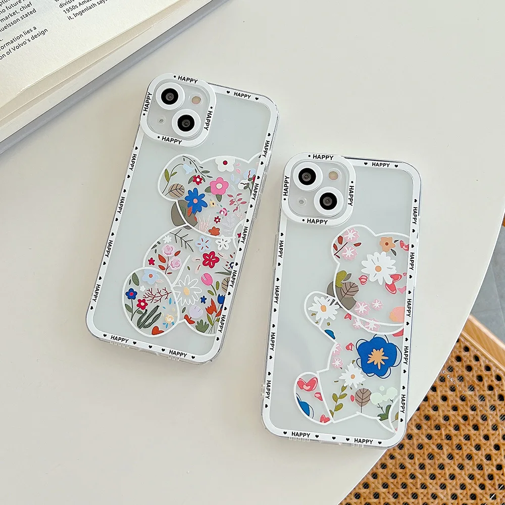 

Cute Floral Bear Case for Samsung Galaxy S22 Plus Note 20 Ultra A51 A71 Clear Case Silicone TPU Women Girls Protective Cover