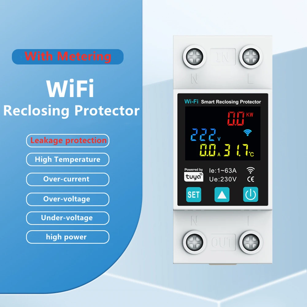 Tuya Smart WIFI 2P 1-63A Регулируемый автоматический выключатель Утечка на землю Защита от