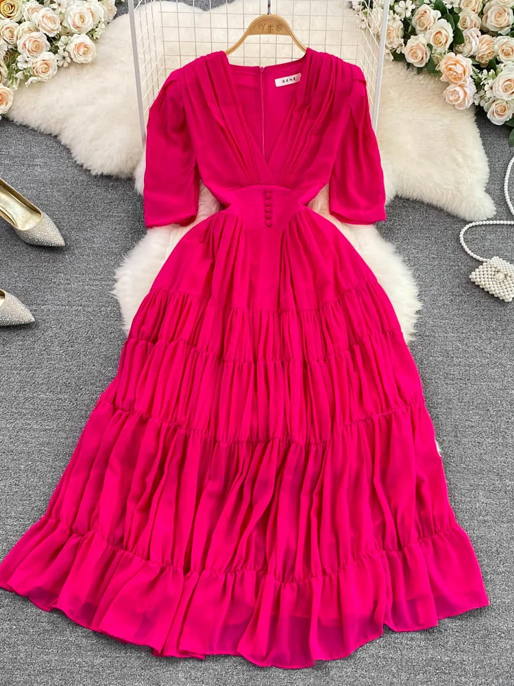 

Summer Women Pleated Long Dress Vintage V-Neck Short Sleeve High Waist A-Line Green/Blue/Brown Big Swing Maxi Vestidos New