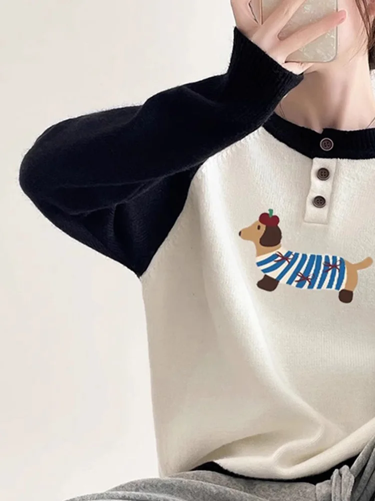 Super Nice Black and White Raglan Sleeve Cartoon Puppy Print Knit Women Early Autumn 2024 New All-Matching Western Sle Top