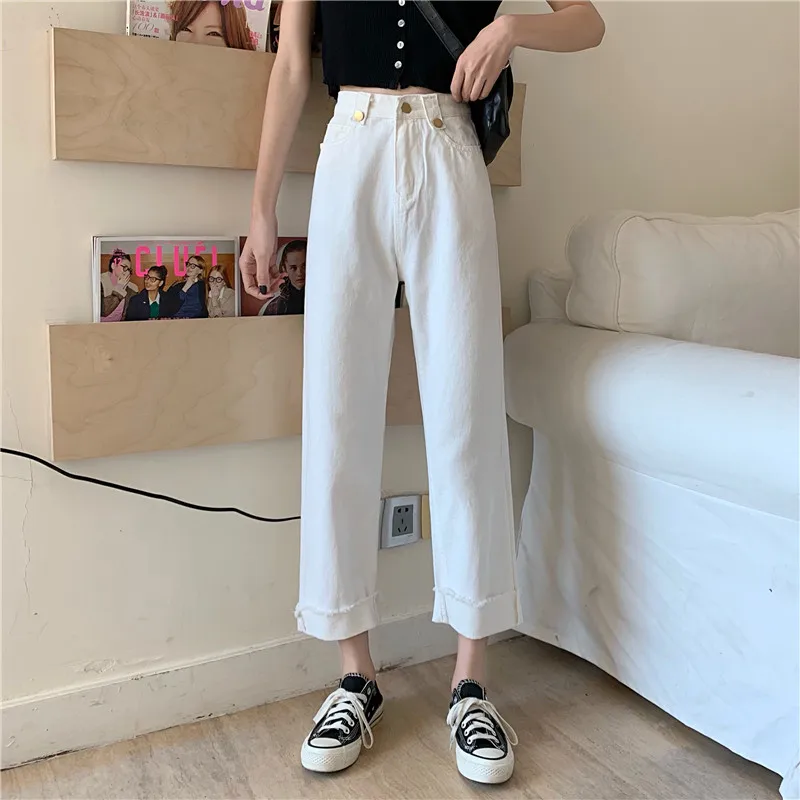 N1376   new  fashion all-match loose cropped wide-leg pants high-waist straight-leg jeans