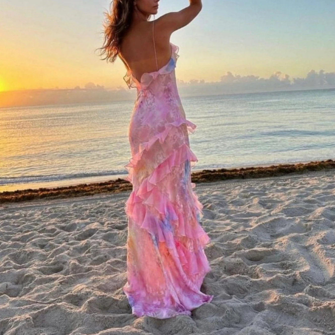 Модная юбка Mikydely с принтом и оборками сексуальное платье лямкой на шее открытой