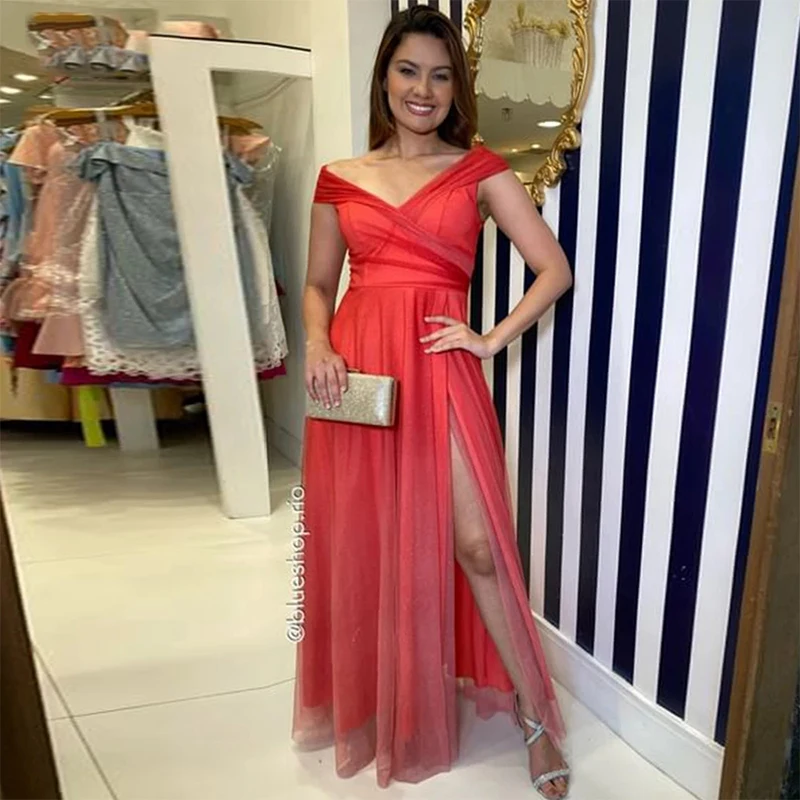 

Elfin Off Shoulder Evening Dresses Floor Length Sexy V-Neck Side Split Customization Formal Party Prom Robe Vestidos De Fiesta