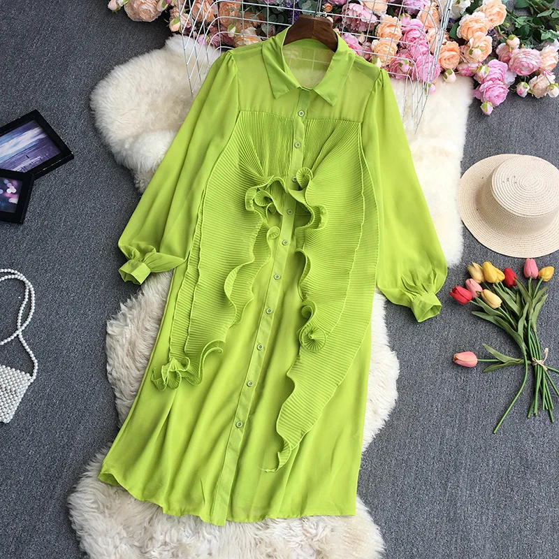 

SuperAen 2022 весенние однотонные Прямые повседневные шифоновые платья до середины икры с оборками и отложным воротником для женщин