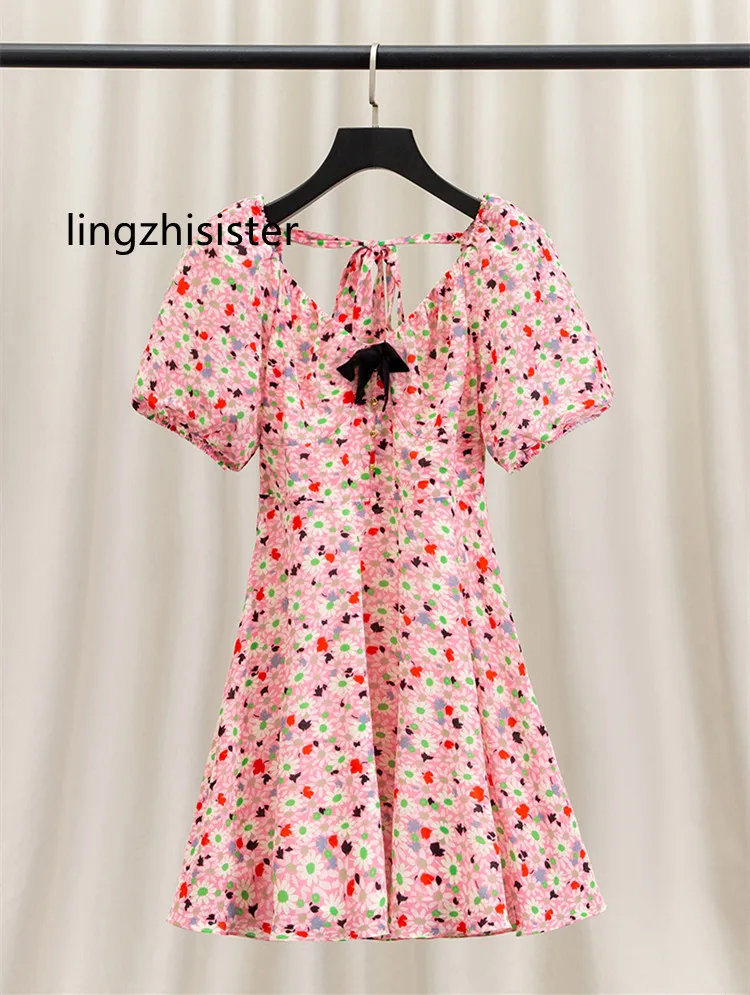 

Women Silk Dress Sexy Deep V-Neck Silk Print Dresses Bow Tie Puff Sleeves Holiday Fairy Vestidos Short Mini Dresses New Arrive