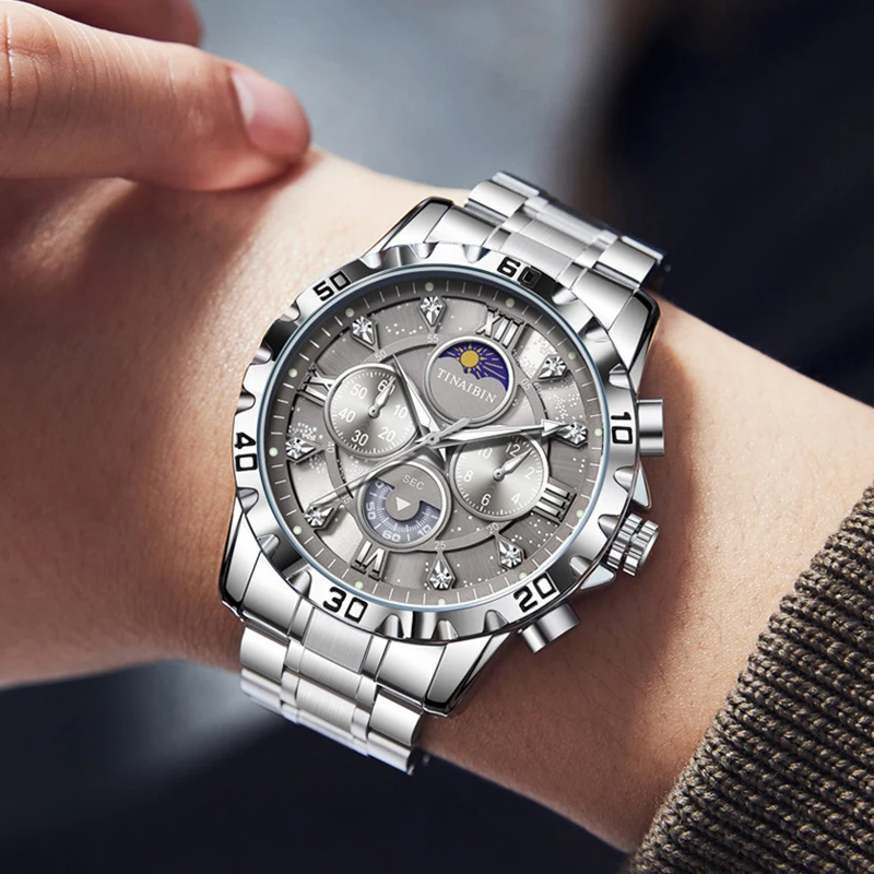 Мужские светящиеся кварцевые часы с хронографом наручные из нержавеющей стали