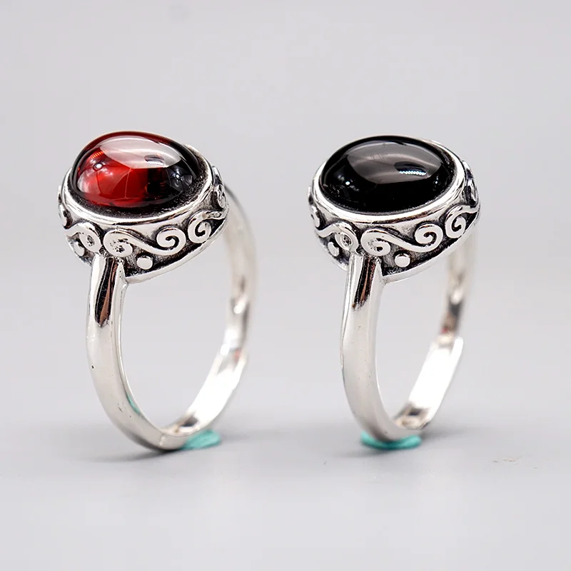 

S925 Sterling Silver Ring Vintage Thai Silver Live Natural Black Agate Red Carbide Precious Gorgeous Elegant Women's Ring