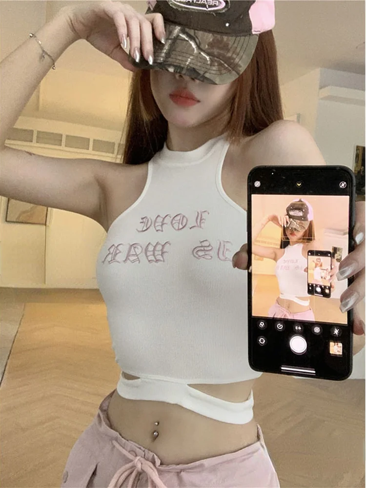 

Y2k Harajuku Gothic Off Shoulder Aesthetic T-shirts Vintage Y2k Vintage Vest Ladies Summer Letter Print Top Sleeveless Camisole