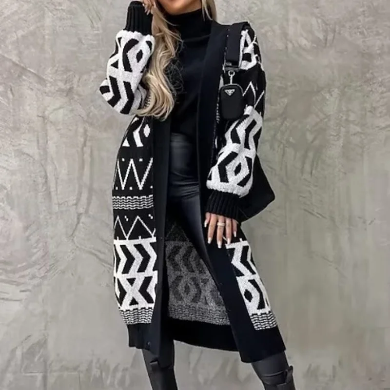 

Sweaters Women Knitting Cardigans Casual Daily Harajuku Elegant Printing Long Sleeve V-neck Vintage Sweater Coat Clothes New