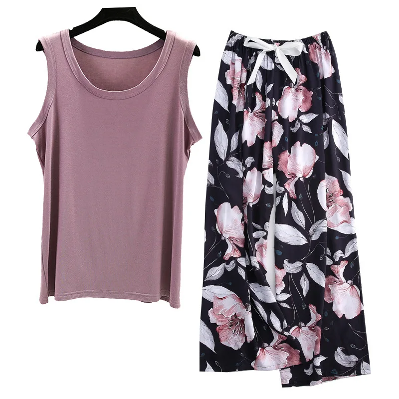 Women's Homewear Pajamas Set Sleeveless Long Pants Flower Print Fashion Pyjama Big Size Cozy Cotton PJS