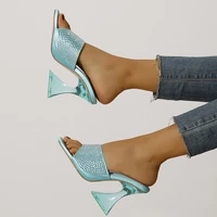 elegant shallow bling sandals slippers 2022 crystal strange heels shoes for women summer silk head peep toe zapatos de mujer