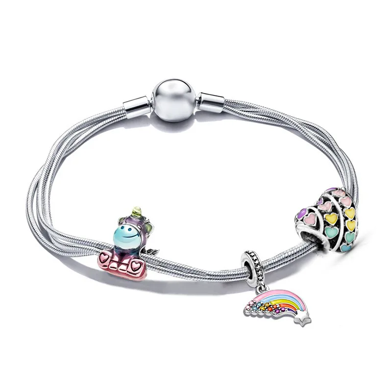 

Pulseras Plata Original 925 Rainbow Unicorn Multiple Multiple Circles Snake Bone Chain Exquisite Ladies and Children's Bracelet