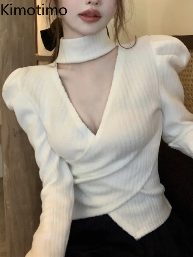 

Kimotimo, вязаные топы с французским перекрестным бретелькой через шею и V-образным вырезом, женские осенне-зимние облегающие пуловеры с пышным...