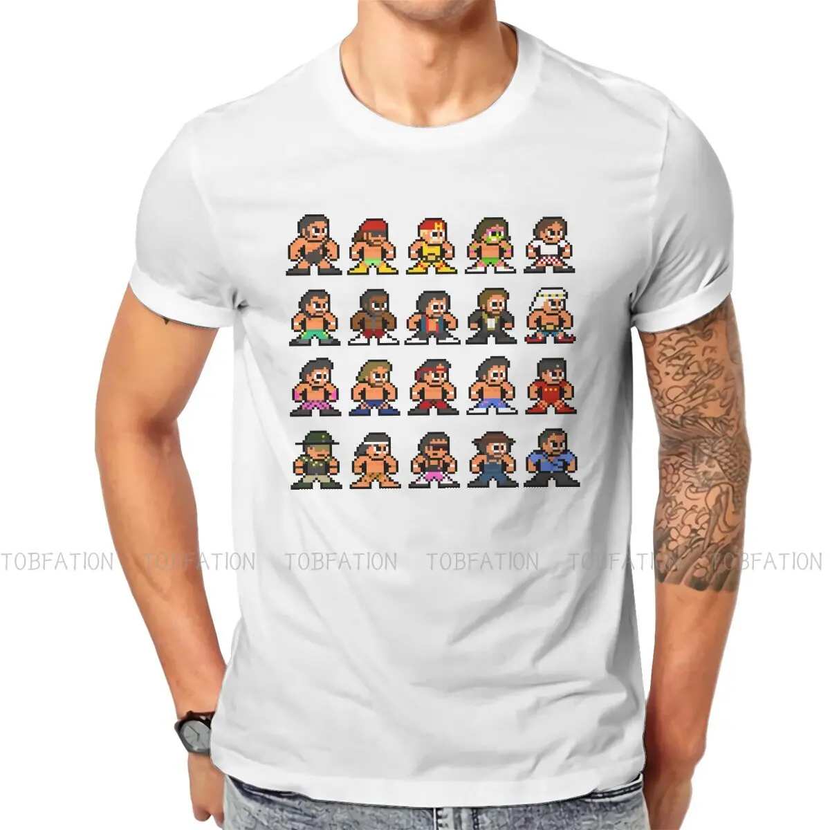 

80s WWF 8 Bit Pixel Art Newest TShirts Wrestling Men Harajuku Fabric Streetwear T Shirt Round Neck Big Size