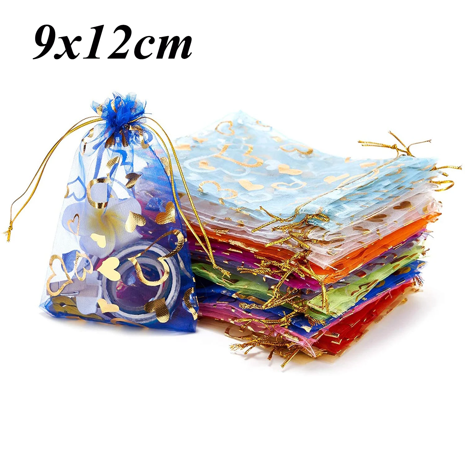 

100 шт./лот 9x12 см смешанные случайные золотые сумки из органзы на шнурке, сумки для упаковки ювелирных изделий, сумки для конфет, свадебные сумки, оптовая продажа, подарки, мешочки