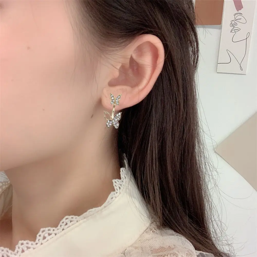 

New Selling Temperament Korean Earrings Jewelry For Women Butterfly Earrings Two Wear Full Diamond Hollow