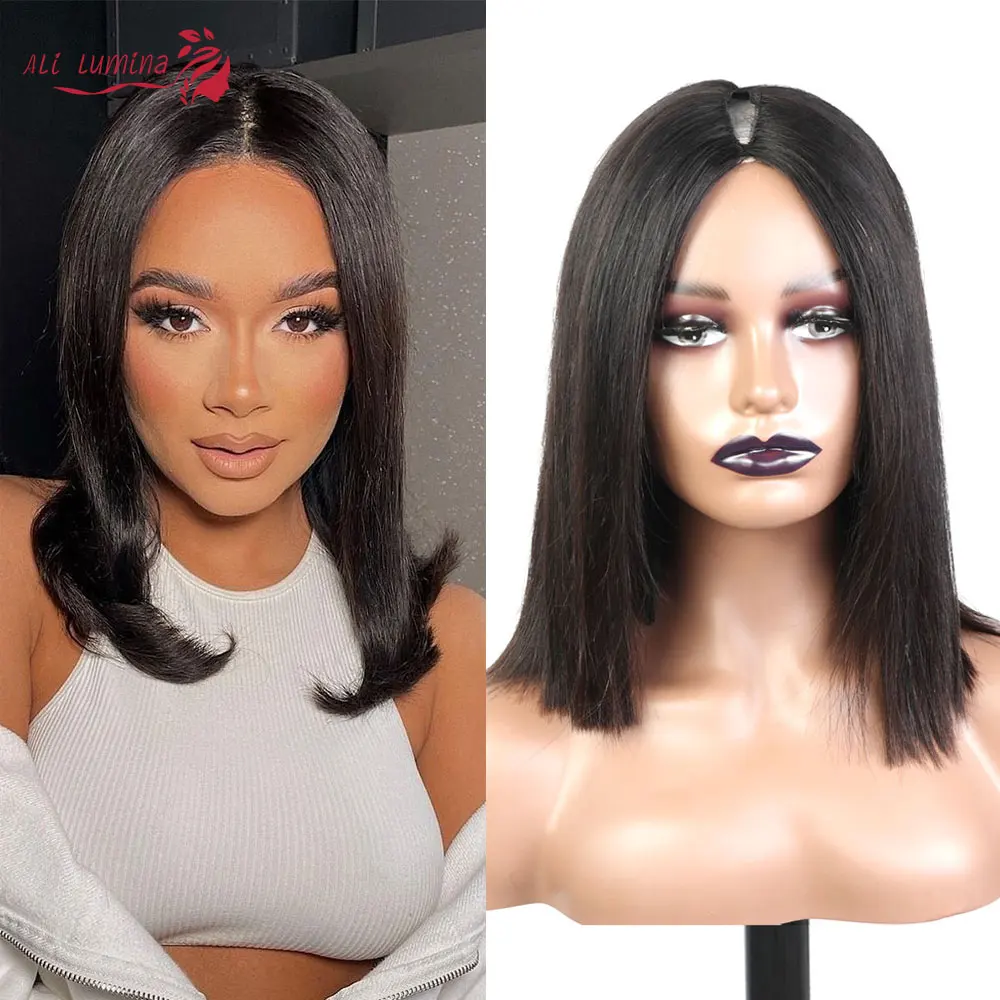 

V Part Hair Wig Straight Human Hair Wigs Short Bob Wig Preplucked With Baby Hair No Glue V Part Human Hair Wig No Leave Out Bob
