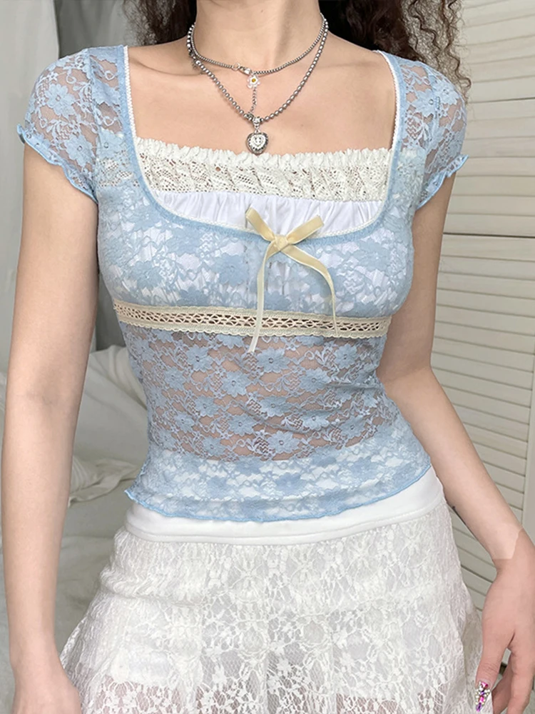 Женская Винтажная футболка с бантом Y2k летняя корейская мода укороченный топ в