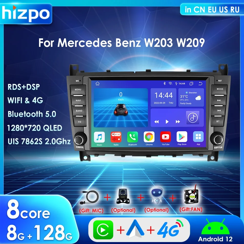 

Hizpo 8'' 2 Din Car Radio Carplay For Mercedes-Benz C-class W203 CLC CLK W209 Android 12 Multimedia Player GPS Navi RDS FM BT 4G