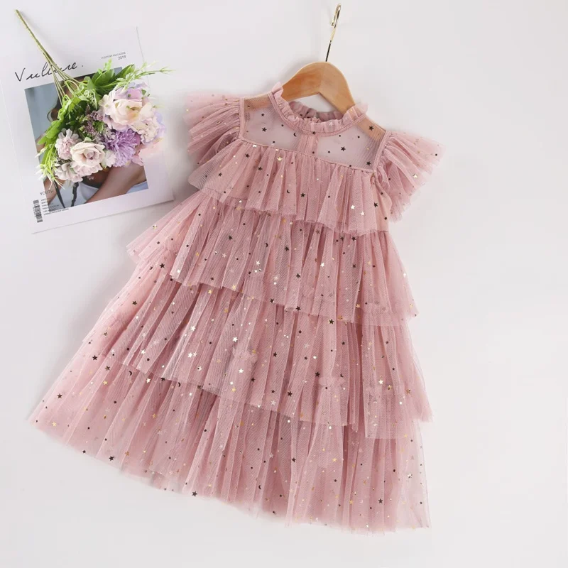 

Dresses For Kids Girls Sparkle Sequin Mesh Tulle Princess Dress Elegant Party Tutu Puffy Vestidos Fairy Children Summer Clothes