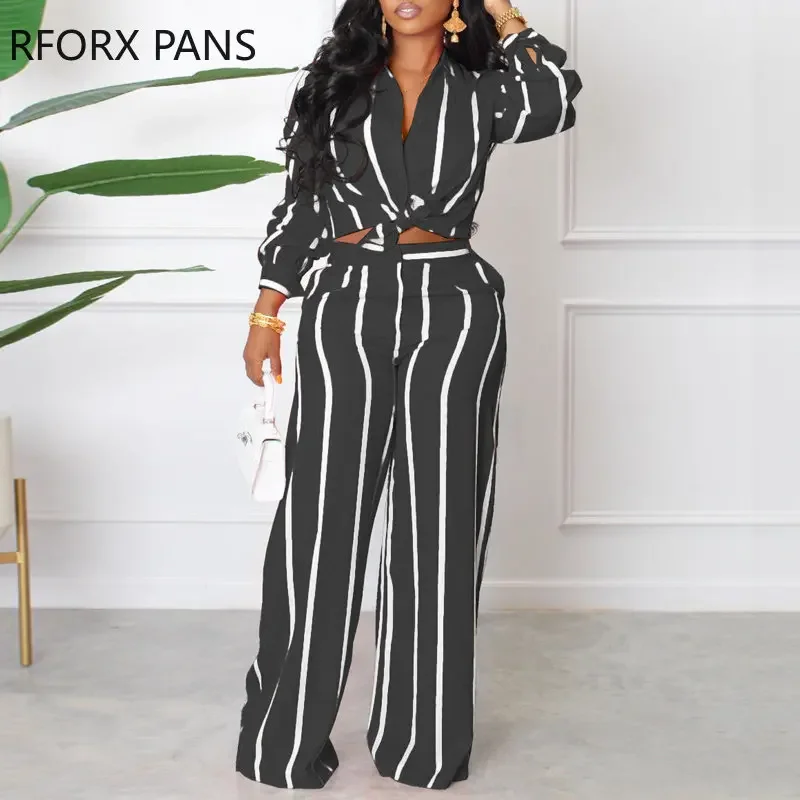 Женский элегантный комплект в полоску с длинными рукавами и отложным воротником