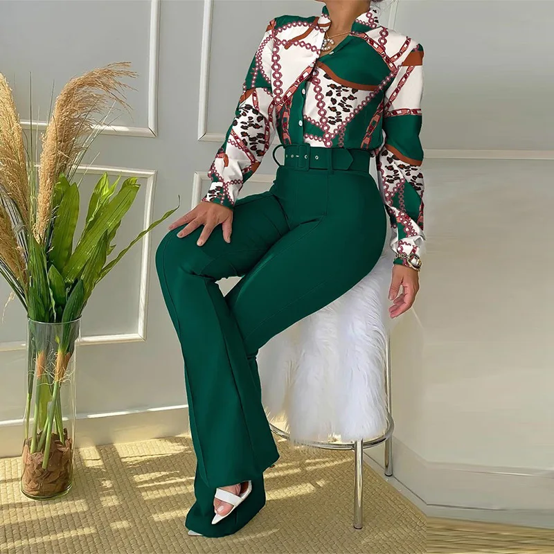 

Women's Suit 2023 Spring and Summer Casual Suit Printed Set Collar Long-sleeved Shirt Top Wide Leg Pants Two-piece Set
