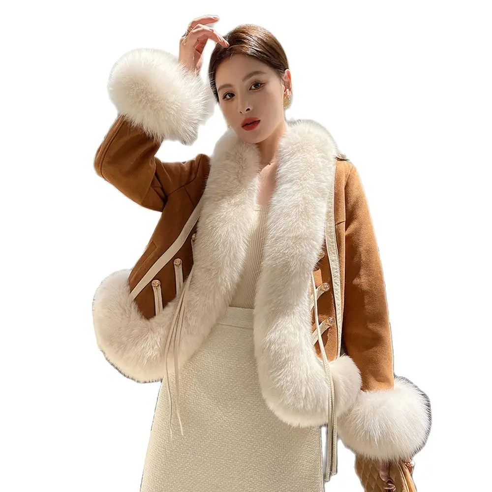 New Women Real Fur Coat Autumn Winter Vintage French Court Style Thick Warm Fox Fur Collar Suede Fur Jacket Loose Outerwear