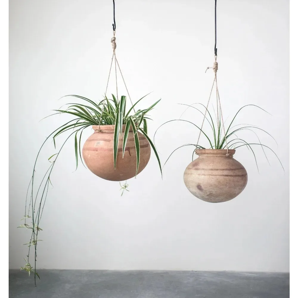 

Round Hanging Clay Planters with Hanging Jute Planters, Set of 2 Pieces