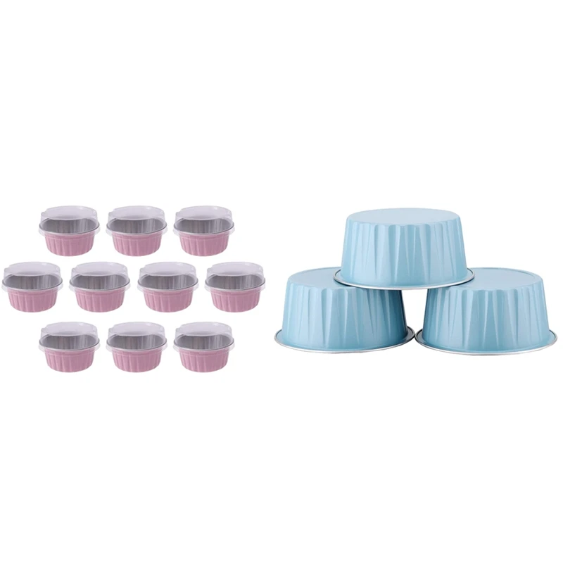 

200Pcs 5Oz 125Ml Disposable Cake Baking Cups Muffin Liners Cups With Lids Aluminum Foil -100Pcs Light Blue & 100Pcs Pink