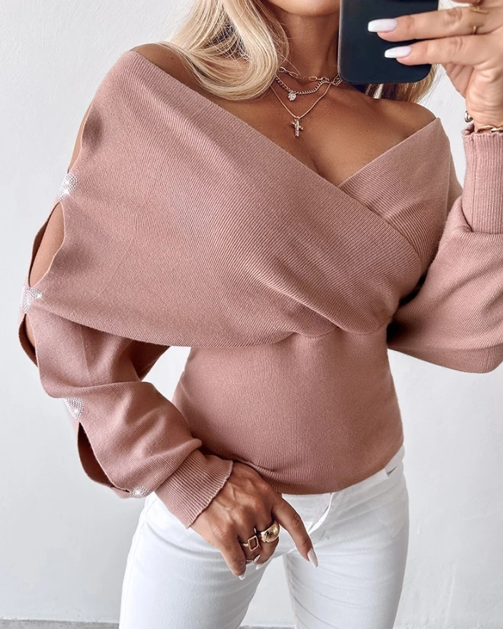 Женский трикотажный свитер с V-образным вырезом и рукавами летучая мышь