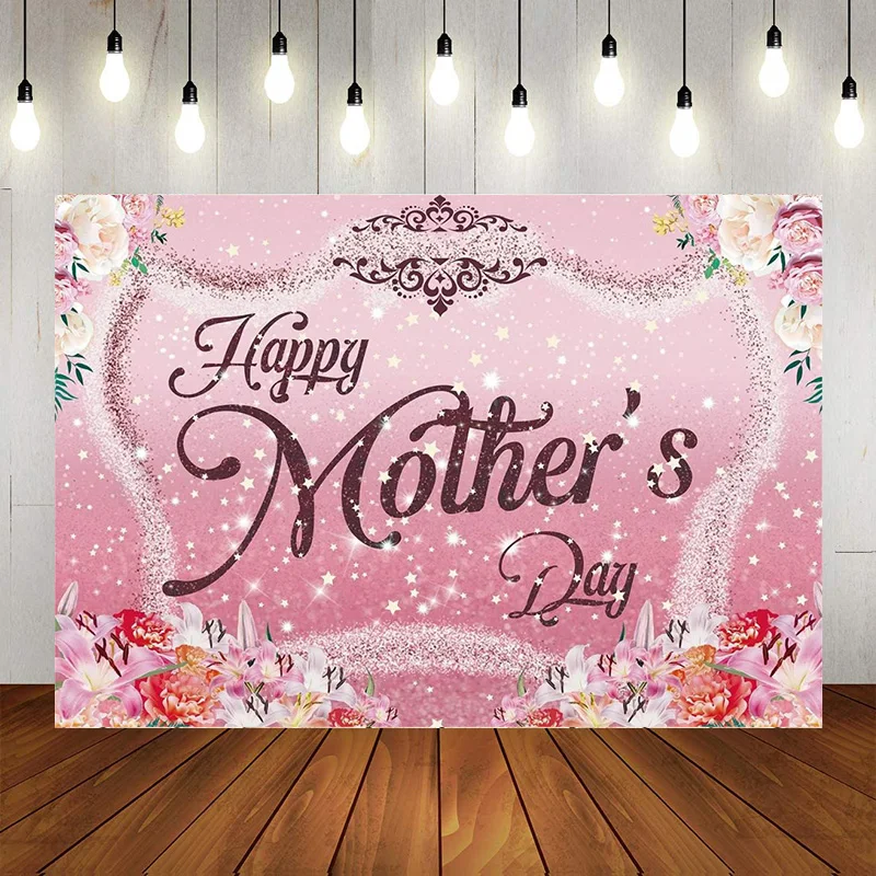 Happy Mother's Day Backdrop Pink Flowers Colourful Carnation Floral Glitter StarPhotographic Background Women Party Decor Phot