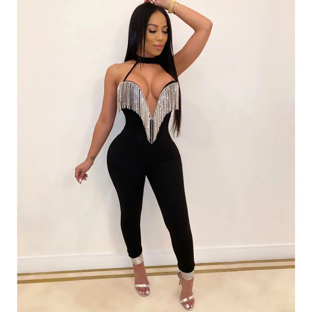 

High Quality 5 Colors Ladies HL Bandage Jumpsuits Sexy Halter Fashion Chain Nightclub Party Jumpsuit