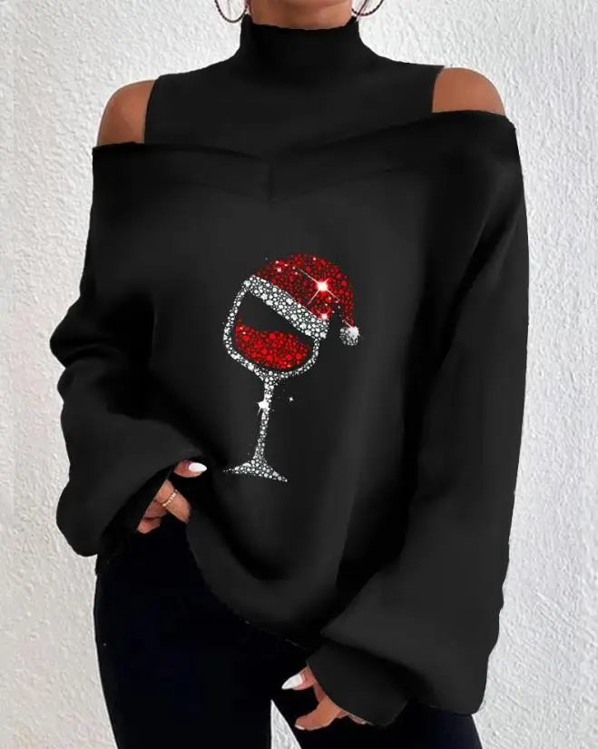 

Christmas Wine Glass Print Cold Shoulder Lantern Sleeve Top Autumn Casual Blouses Lantern Sleeve Christmas T-Shirt