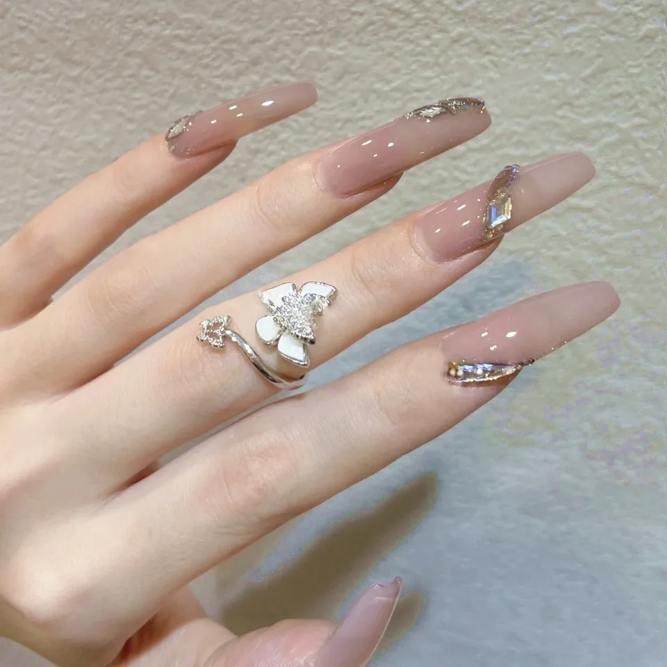 

24P of Fake Nails Free Shipping Transparent Jade Water Drops Long T Type Fake Nails Tip Is Pink and Tender Wear Finished Nails