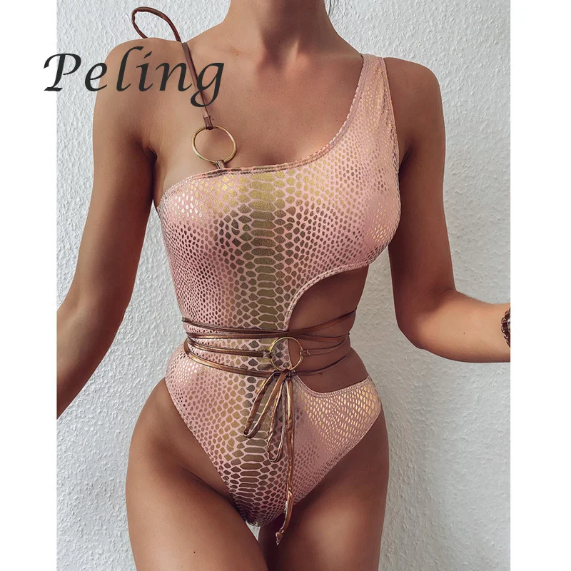 

Peling Sexy Snake Print Bikinis One Piece Swimwear Women One Shoulder Bathing Suit Woman Bandage Beachwear Swim Wear Monokini