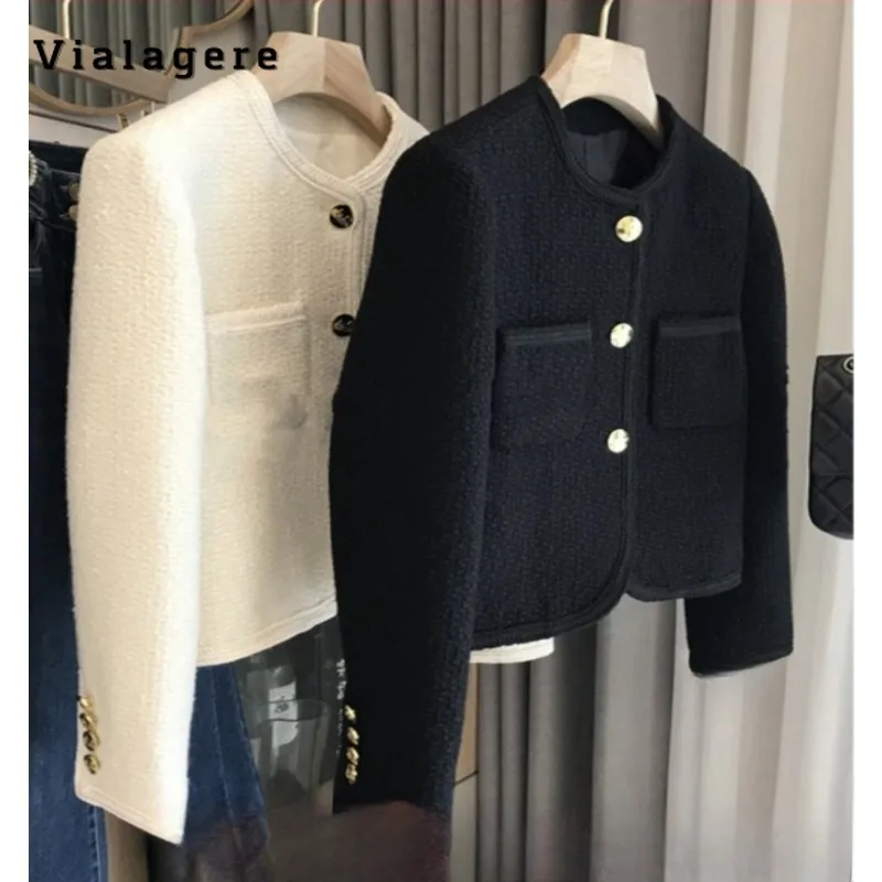 

Женская однобортная куртка, Повседневная однотонная приталенная куртка с круглым вырезом, Осень-зима 2023