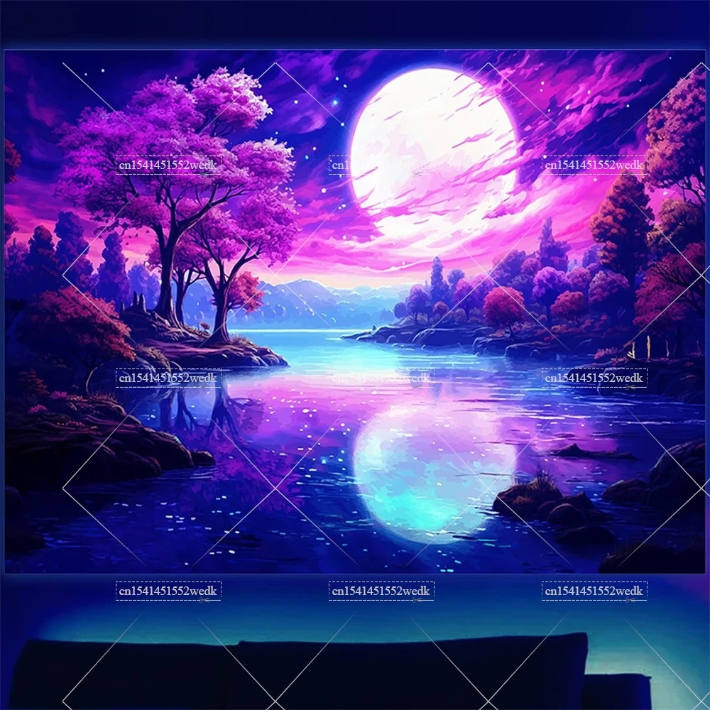 Гобелен с изображением гор Луны черного света УФ-реактивная фотография неоновое