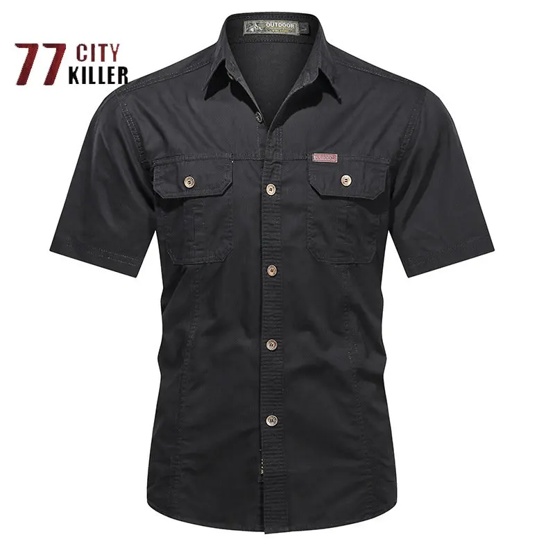 

Мужская хлопковая рубашка с короткими рукавами, однотонная Повседневная модная свободная тактическая футболка с короткими рукавами для спорта на открытом воздухе, лето 2023