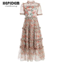 hepidem clothing runway fashion summer dress womens lace round neck print floral short sleeve vintage mesh long dresses 69893