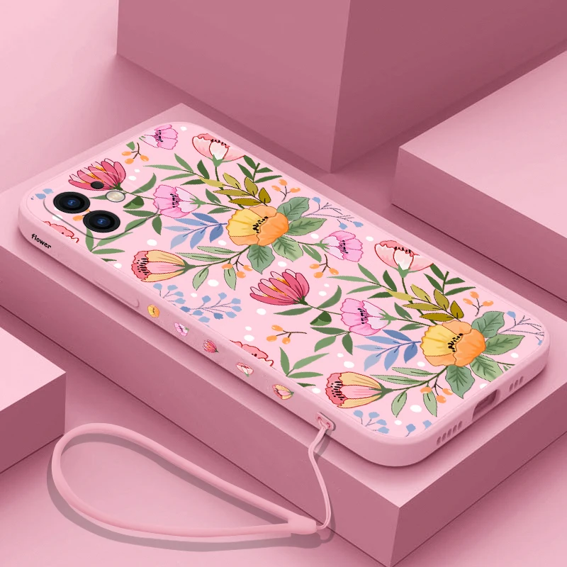 

Pure Heart Flower Phone Case For iPhone 14 13 12 11 Pro Max Mini X XR XS MAX SE20 8 7 6 6S Plus Silicone Cases with Hand Strap