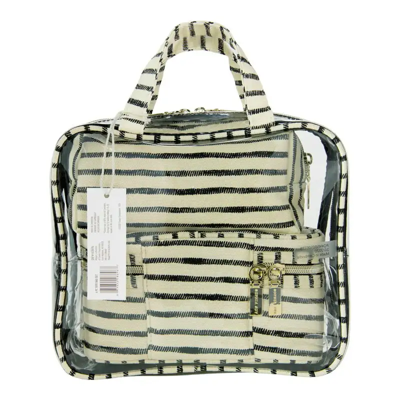 Fashionable 4-Piece Stripe Canvas Organizer Bag Set for Makeup, Toiletries and Accessories - Includes Flat Zipper Pouch, Train C