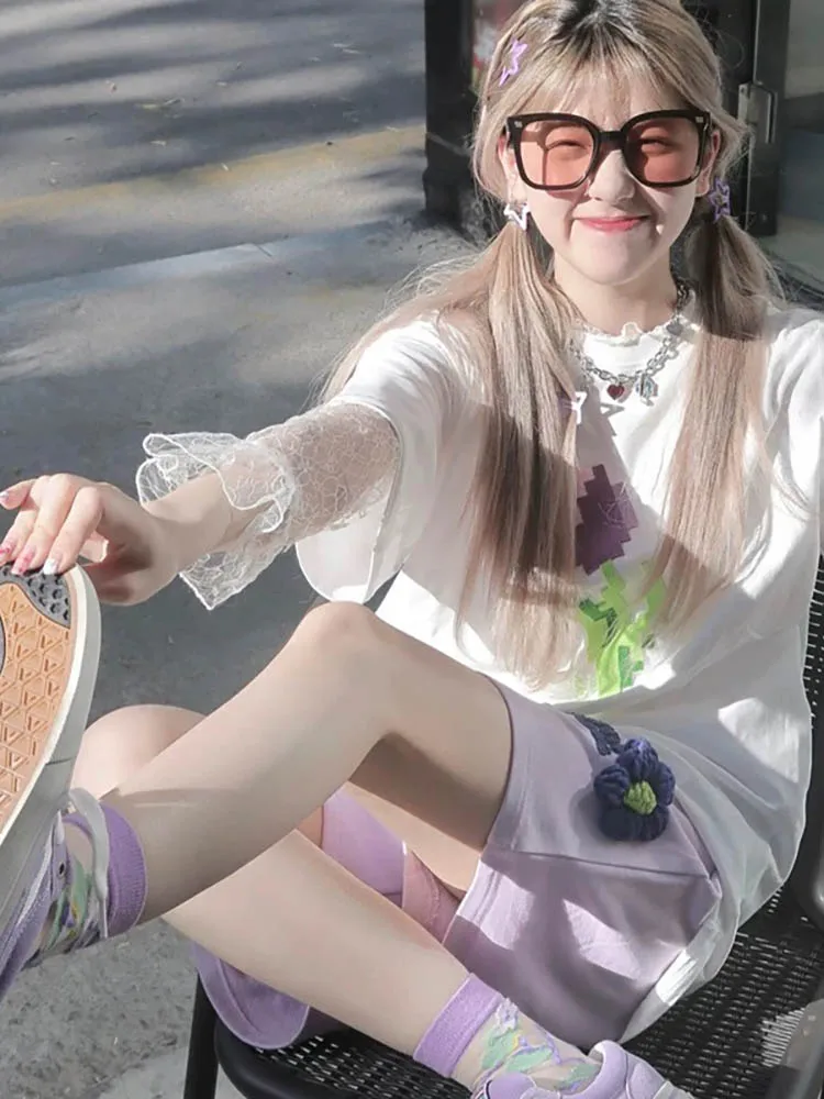 

Two Piece Sets Womens Outifits Sweet Cute Girl Sport Loose Short Sleeve Shorts Womans Clothes for 2022 Summer Fashion Shorts Set