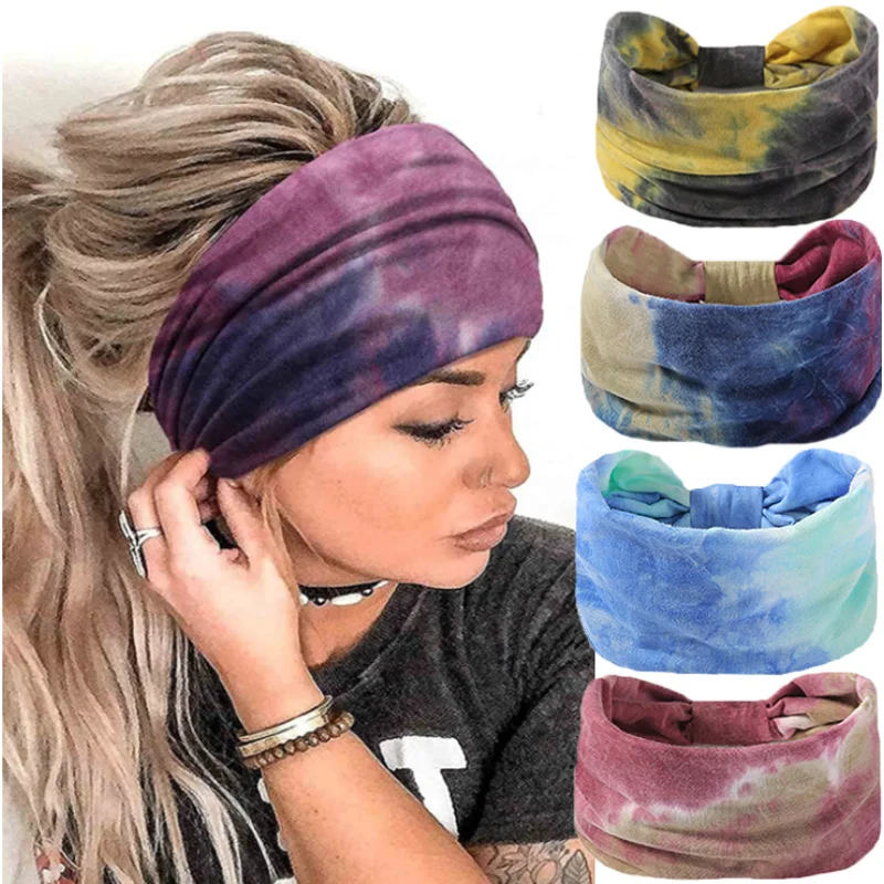 

2022 Tie Dye Wide Knotted Headbands for Women Vintage Turban Headwrap Girls Hair Bands Accessories Elastic Bandanas Headscarf