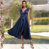 mother of the bride dress elegant sexy a line v neck asymmetrical tea length charmeuse cap sleeve with bows pleats