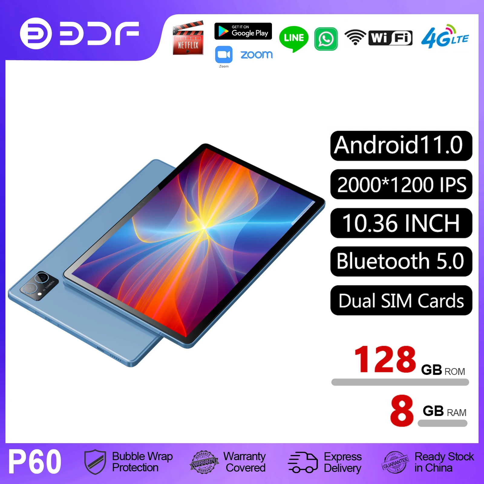 【World Premiere】BDF Pro 10.36 Inch Android 11.0 Tablet Pc 8GB RAM 128GB ROM Octa Core IPS 2K Screen 4G LTE Network Pad Tablets