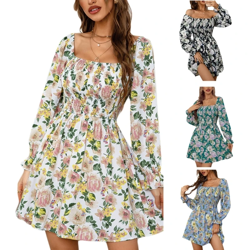 

Women Summer Square Neck Smocked A-Line Mini Dress Bohemian Floral Beaches Dress