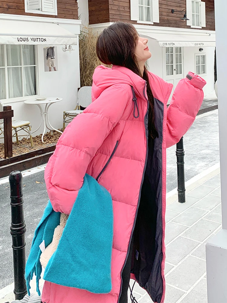Long Loose Straight Pink Hood Stand Collar Down jacket Women 2024 Winter New Thickened Warm Coat Outerwear