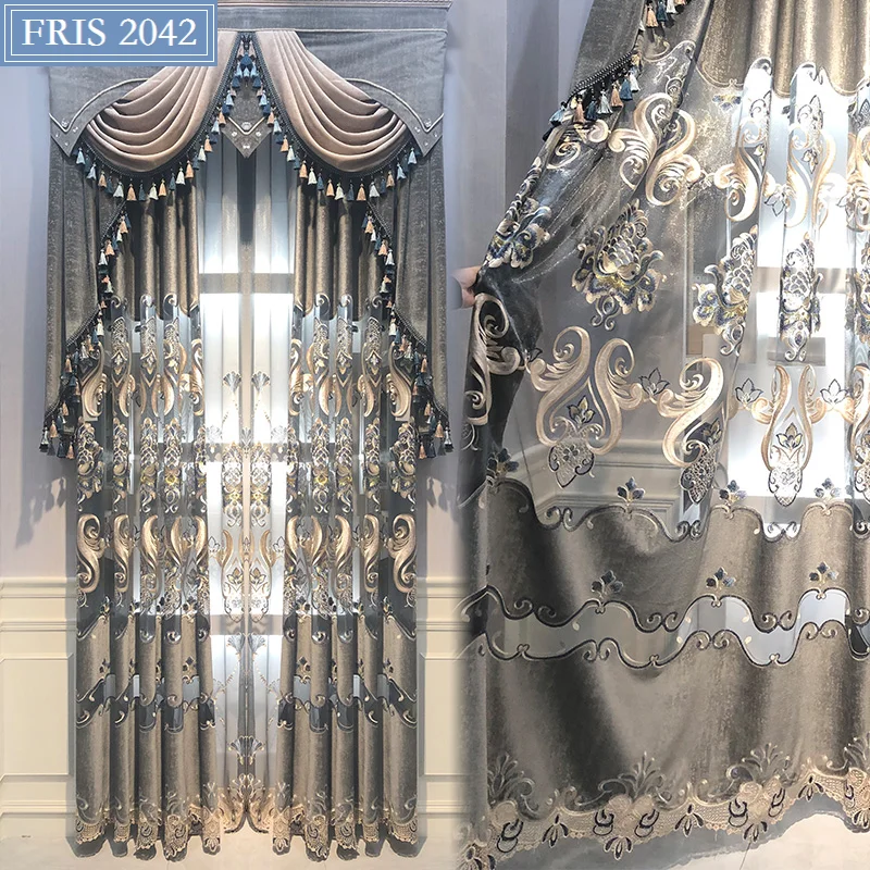 

European Luxury Curtain Finished Embroidered Flannel Hollow Shading Custom Window Curtains for Living Room Bedroom Dining French